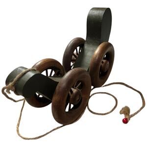 Vintage Handmade Wooden Pull Toy Green Wagon with Wheels 5x11x4